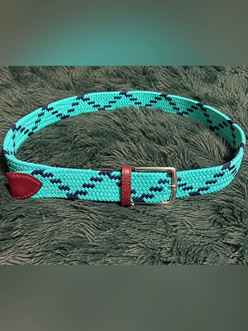 3/$25 ✨ Southern Tide Stretch Woven Belt Aqua Navy Leather Trim Size 1995